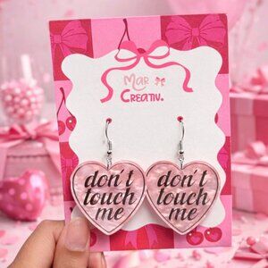 Pink Heart Dangle Earrings “Don’t Touch Me” Acrylic Statement Jewelry